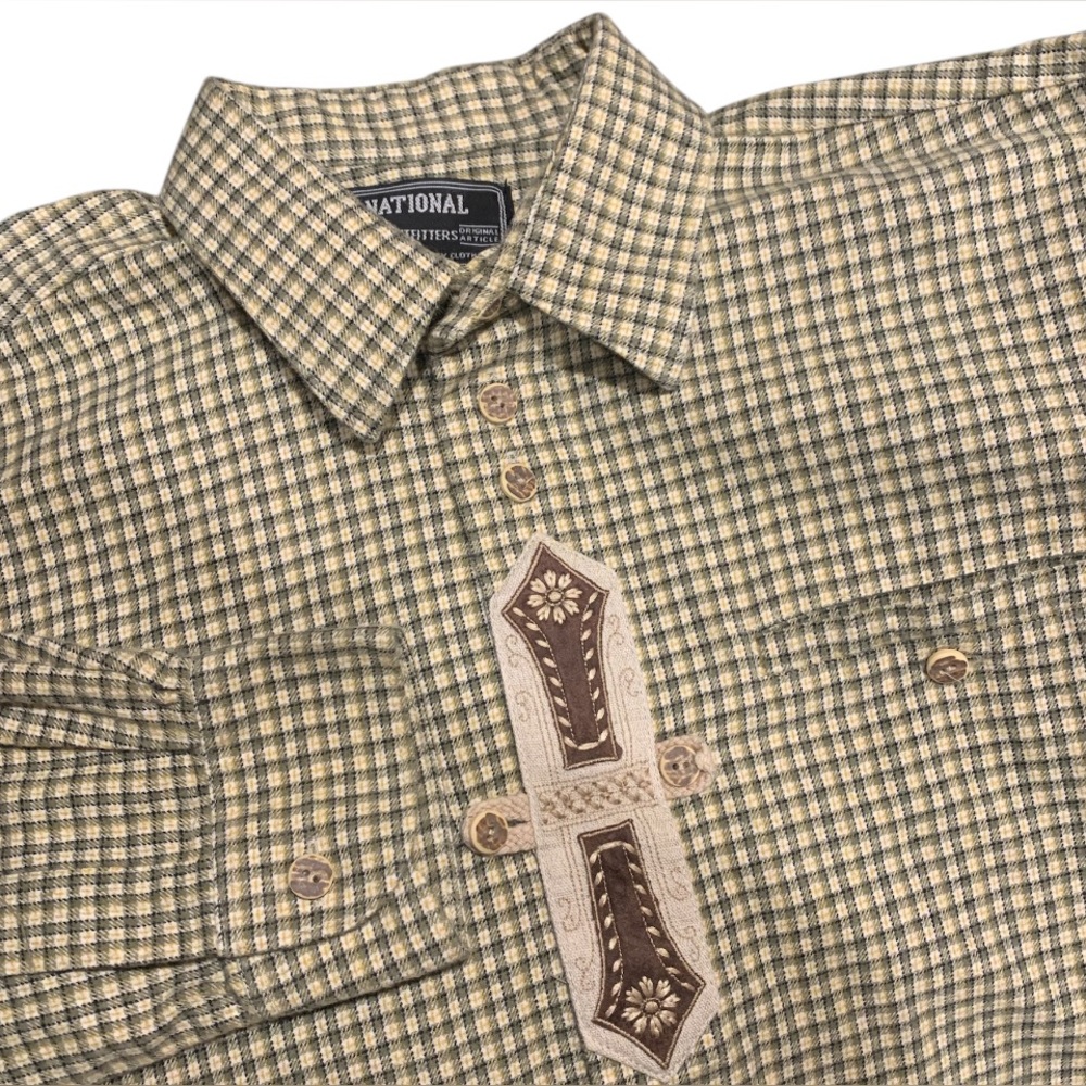 National Outfitters Plaid Flannel Button Up Shirt Embroidered Green Brown Men L